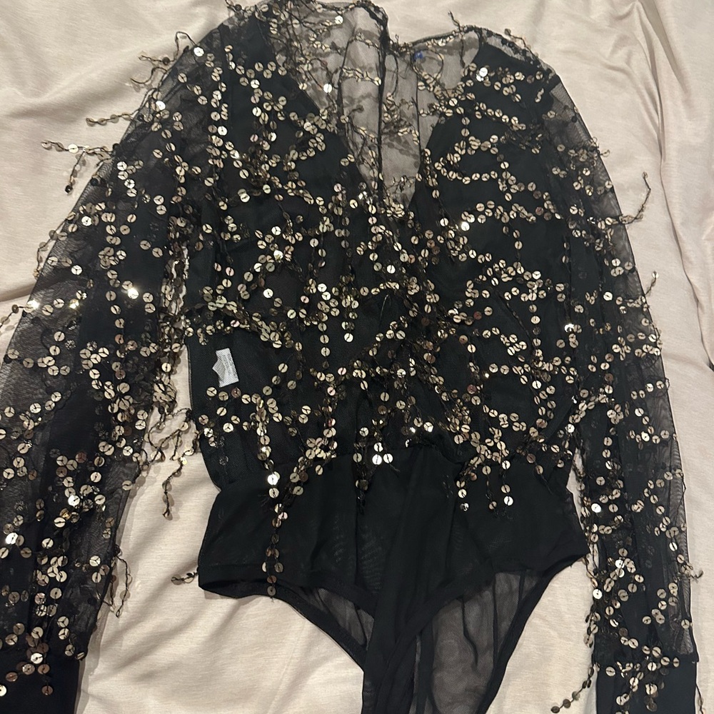 Black Long Sleeve Sequin Embellished Bodysuit